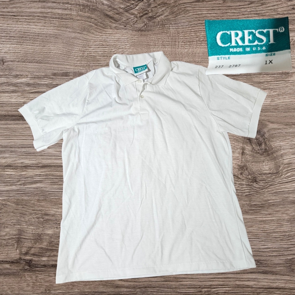 VTG/90s CREST Work Uniform White Polo‎ Shirt USA Made Short Sleeve Size XL